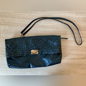 Elliott Lucca Black Woven Leather Foldover Crossbody + Clutch Purse Designer